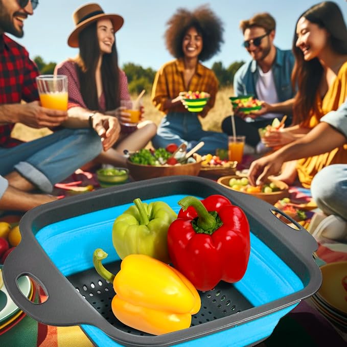 Square Collapsible Colander with Handles – Blue Square Silicone Kitchen Strainers with Plastic Handles Foldable Kitchen Strainer Perfect for Draining Pasta Vegetable and Fruit Blue