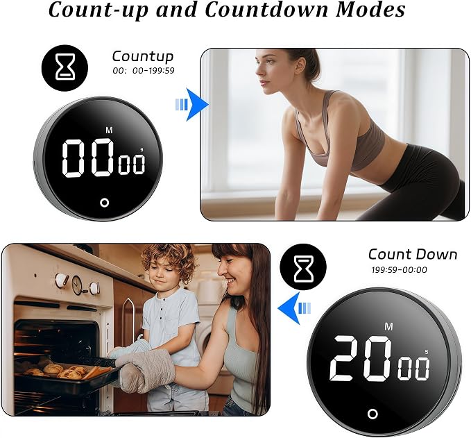 2Pcs Digital Kitchen Timer - Magnetic 199-Minute Countdown Countup Timer with Large LED Display,Volume Adjustable, Visual timers for Cooking,Gym,Meeting,Classroom,Study,Work,Outdoor Activities,Black