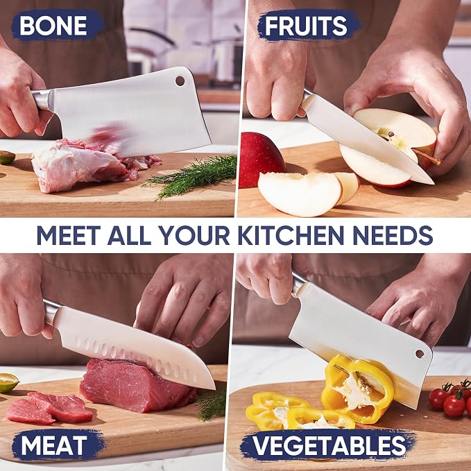Topfeel 3PCS Butcher Knife Set,German High Carbon Steel Meat Cleaver | Includes 7" heavy-duty bone chopper, 7" Santoku and 5" utility knife with ergonomic ABS handles and gift box