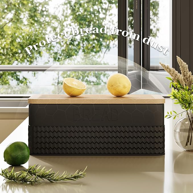 Bread Box for Kitchen Countertop - Metal Bread Storage with Bamboo Cutting Board Lid & Bread Knife, Corner Bread Container for Homemade Bread and Toast, Black