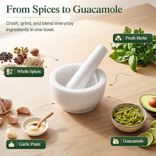 Flexzion Marble Mortar and Pestle Set - Solid Granite Stone Grinder Bowl Holder 5.5 Inch for Guacamole, Herbs, Spices, Garlic, Kitchen, Cooking, Medicine (White) | Crush Herbs, Garlic and Spices or Make Guacamole; The 1-1/4-Cup Bowl Has Thick Walls and...