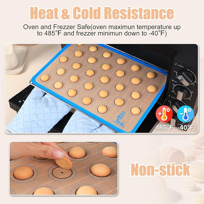 Silicone Macaron Baking Mat Sheet Set of 3-2 Half Sheet 1 Quarter Sheet | Non Stick Silicon Oven Liner For Macaroons and Cookies, By Folksy Super Kitchen (16.5x11.6, Blue)