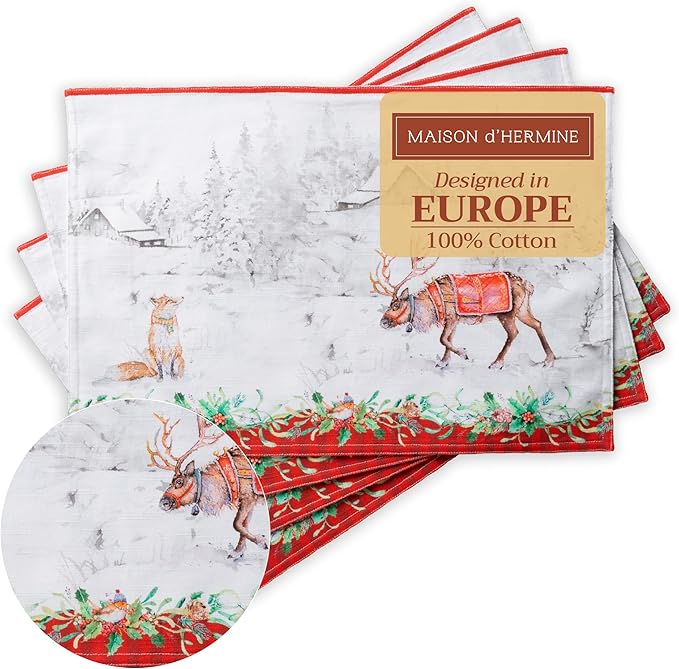 Maison d' Hermine Placemats Set of 4 Reusable 100% Cotton (13"x19") | Cloth Place Mats Washable Table Mats for Kitchen Dining Party Wedding Hotel Home Thanksgiving Christmas - Christmas Tradition
