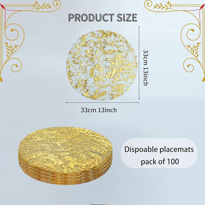 Snowkingdom 100 Pack Gold Disposable Placemats Foil Mesh 13 Inch Round Pressed Fall Table Mates 100 Set of Gold Doilies for Dining Table Wedding Birthday Party Holiday Home Decoration