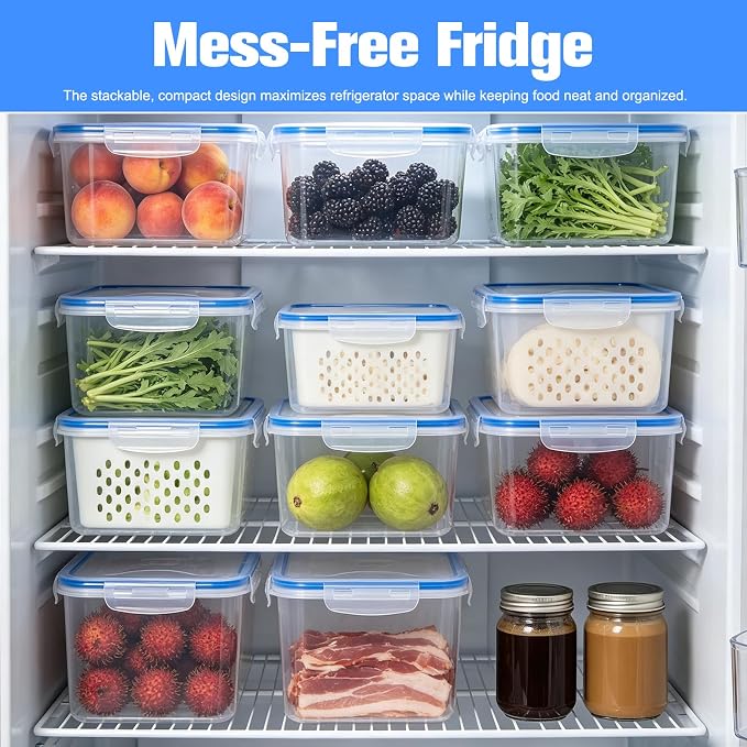 4 In 1 Food Storage Container, Fruit Storage Containers for Fridge Household Transparent Plastic Food Storage Box with Removable Colander & Drain Basket Soak,Wash, Drain,and Store