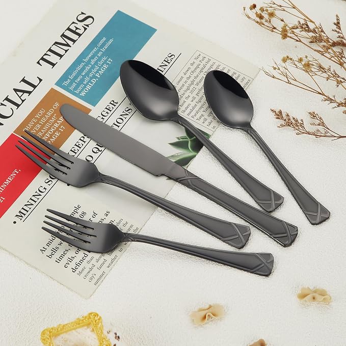 30-Piece Black Silverware Set, Stainless Steel Flatware Set Cutlery Set include Knives, Forks and Spoons Service for 6, Mirror Polished
