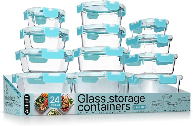 Bakken Borosilicate Glass Food Storage Containers with Lids 24 Pieces, BPA-Free Stackable Lunch & Leftover Containers, Microwave, Freezer & Dishwasher Safe, 100% Airtight Leak-Proof, Aqua
