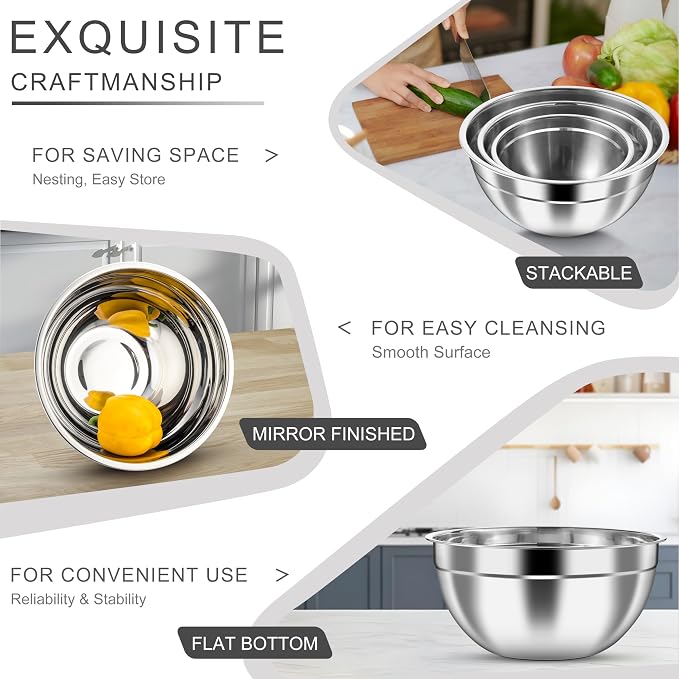 HaWare Mixing Bowls with Clear Airtight Lids, Stainless Steel Nesting Bowls | 6-Piece Metal Salad Bowl for Cooking, Prepping, Baking, Serving & Food Storage, Size 4.6, 3, 1.5QT, Khaki