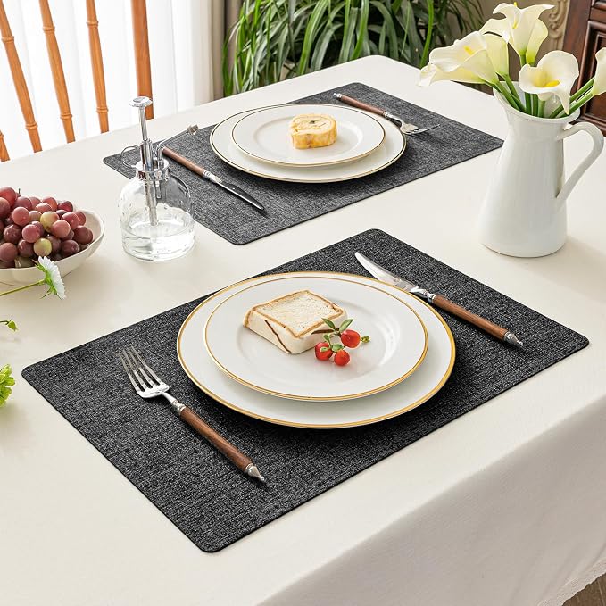 Romanstile Vinyl Placemats Set of 8, Reversible Faux Leather Heat Resistant Wipeable Table Mats, Waterproof Washable Non-Slip Table Placemats for Dining/Kitchen/Party/Outdoor (Grey Black, 12" x 17")
