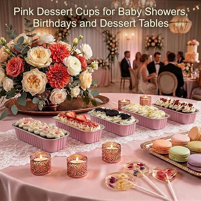 YQER 60 Pack Mini Cake Pans with Lids and Spoons, 6.8 oz Pink Disposable Aluminum Foil Mini Loaf Pans with Stickers, Individual Small Dessert Cake Tins Containers for Baby Showers, Birthdays, Gifts