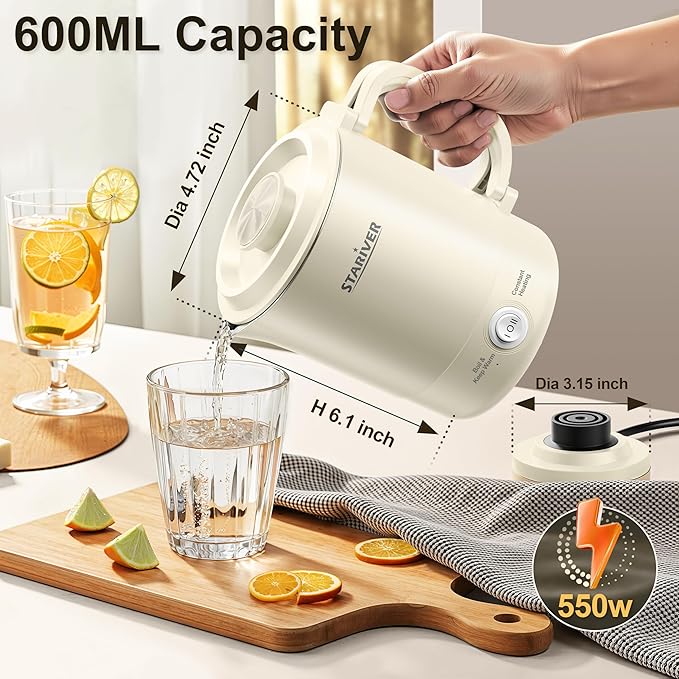 Stariver 0.6L Portable Electric Kettle, Stainless Steel Travel Kettle | Foldable Handle, Collapsible Design, Dual Power Modes, Compact for RV, Camping, Overheat & Boil-Dry Protection, Lightweight