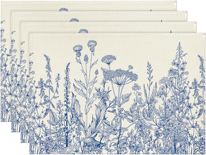 Artoid Mode Blue Antique Herbs and Wild Flowers Spring Placemats Set of 4, 12x18 Inch Seasonal Table Mats for Party Kitchen Dining Decoration