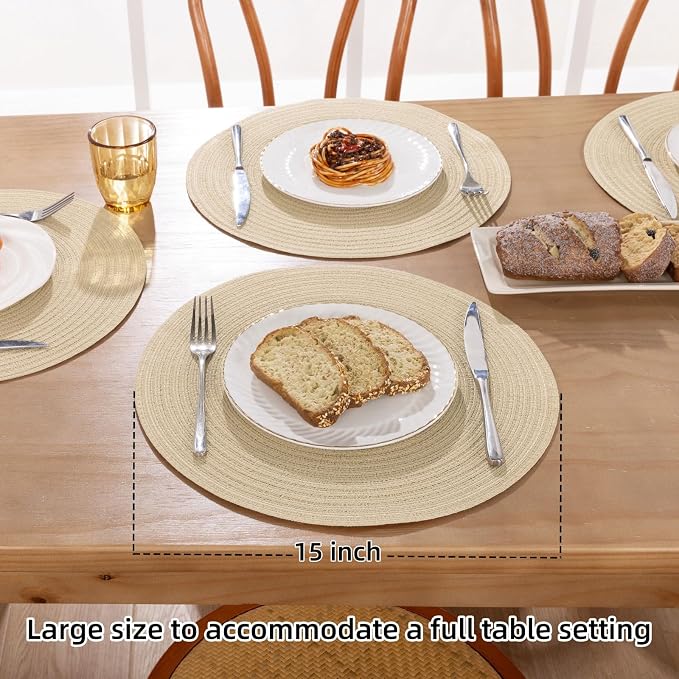 SHACOS 15 inch Round Braided Placemats Set of 6 Cotton Polyester Heat Resistant Table Mats Washable Place Mats for Dinner Party Table Decoration (Light Beige, 6)