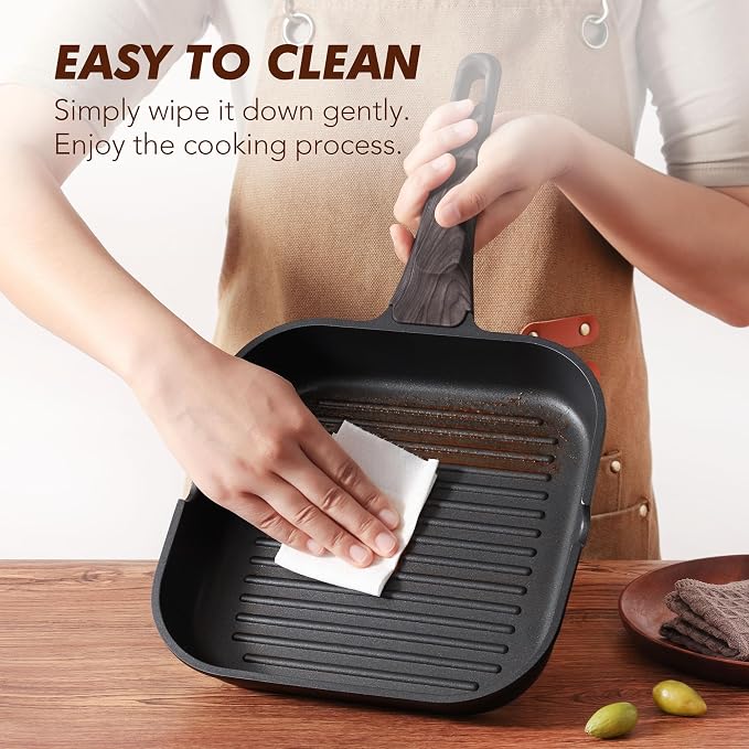 SENSARTE Nonstick Grill Pan with Lid, Grill Pan for Stove Tops, Versatile Griddle with Pour Spouts, Square Big Cooking Surface, Durable Skillet Indoor & Outdoor Grilling. PFOA Free, 9.5 Inch