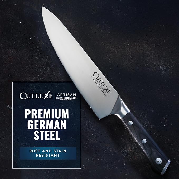 Cutluxe Chef Knife 8" – German High Carbon Steel Kitchen Knife, Full Tang | Ergonomic handle with sheath included; hand-sharpened blade at 56 HRC; slices meat, sushi and vegetables with ease