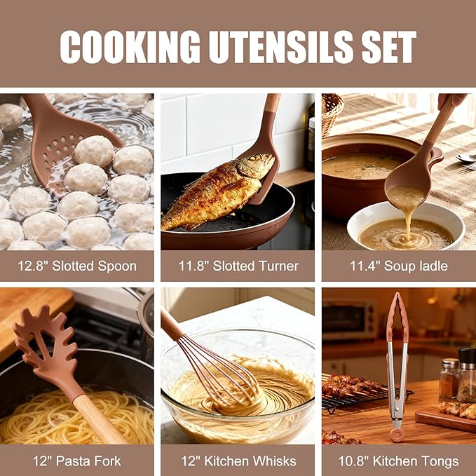 Utensil Sets,18-Piece Silicone Cooking Utensils and Knife Set,Mousse | Dishwasher-Safe Kitchen Utensils,Large Capacity Countertop Organizer for Knives,Utensils,Cutting Board