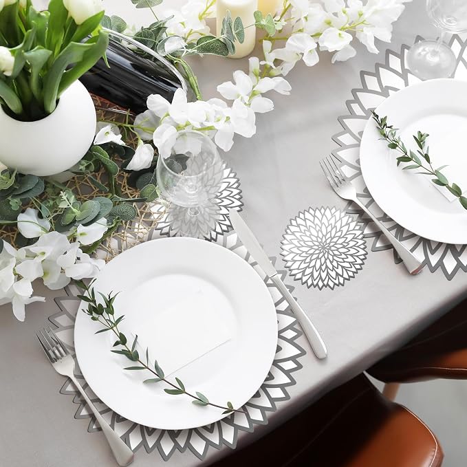 Geosar 200 Disposable Paper Placemats and Coasters Set Summer Hawaiian Luau Placemat with Coasters Outdoor Indoor for Greenery Jungle Dining Table Decoration Shower Birthday(Silver Metallic)