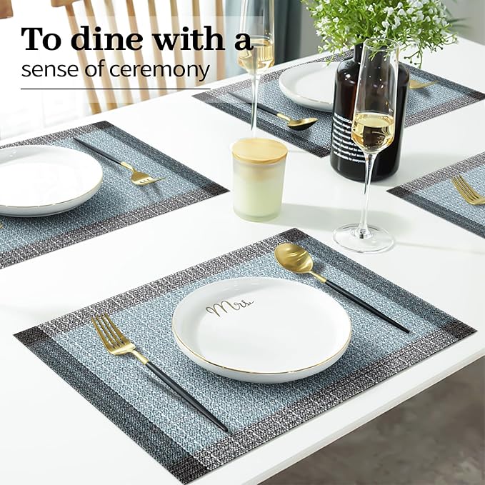 Blue Grey Placemats Set of 4, 12x18 Inch Faux Linen Table Mats | Heat Resistant and Washable Design, Easy to Clean Surface for Dining Rooms, Kitchens, Outdoor Parties and Everyday Home Decor