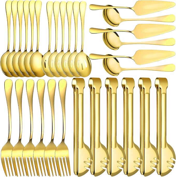 30 Pcs Gold Serving Utensils Set Include Stainless Steel Large Serving Spoons Slotted Spoons Forks Soup Ladle Pie Server - Metal Utensils for Parties Buffet Catering, Dishwasher Safe