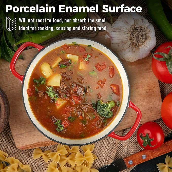 Cast Iron Casserole Braiser, 3.8 Quart Enameled Cast Iron Dutch Oven Pan with Lid, Heavy Duty and Dual Handles Skillet, Oven-Safe Porcelain Surface Casserole Dish, Red