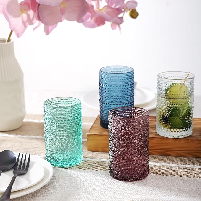 Moretoes12 Pack 12 Oz Vintage Drinking Glasses Set,Water Glass Cups | Colored Hobnail Drinking Glasses Kitchen Bar Tumbler Glassware Set for Whiskey, Beer, Juice, Milk and Various Mixed Drinks