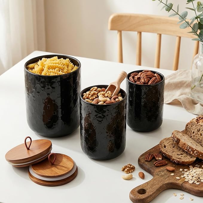 Ceramic Canisters Set with Airtight Lids, 82/48/30 oz Coffee Canisters Sets for the Kitchen, Black Large Jars for Flour, Sugar, Pasta, Coffee, Cookies, Tea - Set of 3, Embossed Pattern