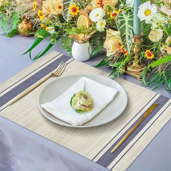Khaki Blue Placemats Set of 6, 12x18 Inch Faux Linen Table Mats | Heat Resistant and Washable Design, Easy to Clean Surface for Dining Rooms, Kitchens, Outdoor Parties and Everyday Home Decor