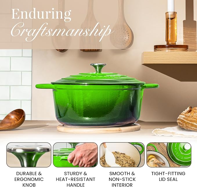 Cast Iron Dutch Oven with Lid-Non-Stick Ovenproof Enamelled Casserole Pot - Sturdy Dutch Oven Cookware - Green, 7.3- Quart, 30cm- by Nuovva