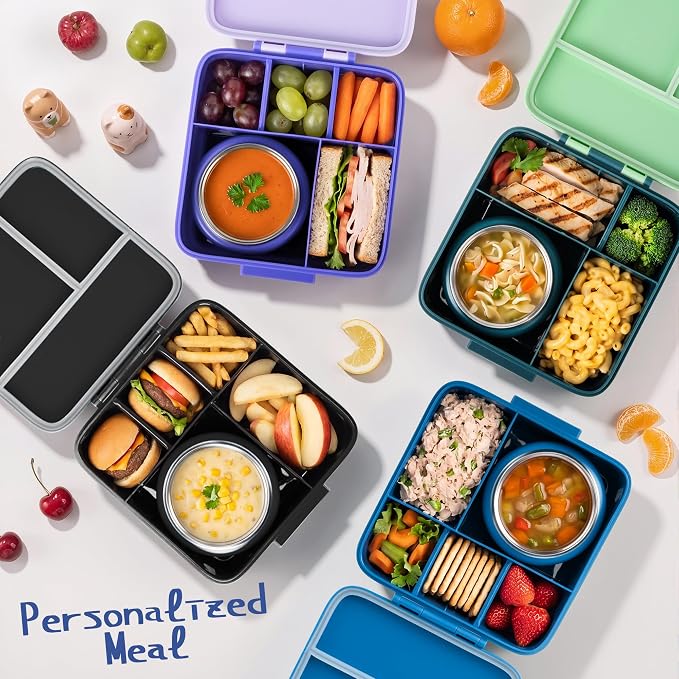 Bento Lunch Box for Kids with 8oz Thermo Containers for School,Camping | Vacuum Insulated Food Jar,Leakproof Silicone-Seal,5 Compartments with Dividers,Dishwasher & Refrigerator Safe,BPA-Free