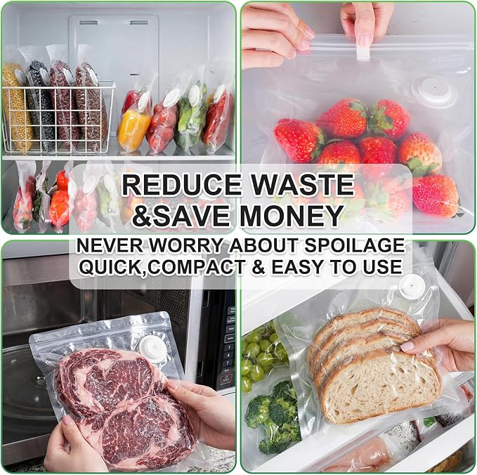 Higfra Sous Vide Bags 30 Pcs & 2 Seal Clips, Upgraded Valve Reusable BPA Free Vacuum Sealer Bags Vacuum Food Storage Bags for Cooking, Food Storage, Microwave Heating