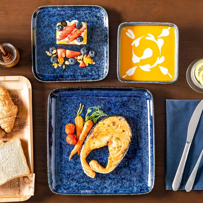 vancasso Stern Square Stoneware Dinnerware Set for 4, 12-Piece Dish Set | Blue Reactive Glaze Plates and Bowls Set, Chip and Scratch Resistant, Microwave & Dishwasher Safe