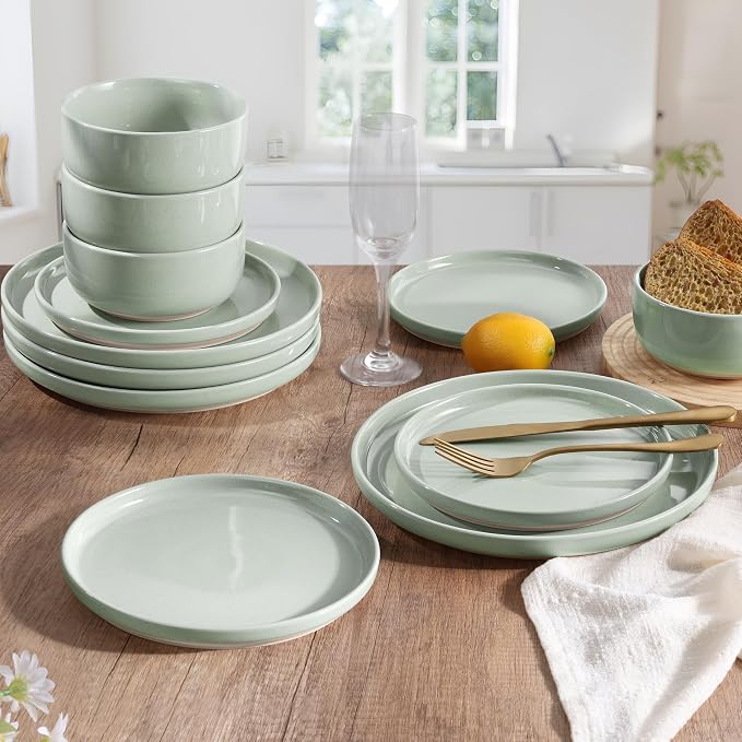 HaWare Dinnerware Sets, 12Pcs Plates and Bowls Set for 4, Asparagus Green