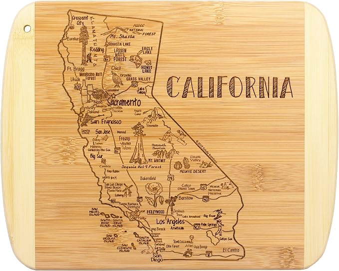 Totally Bamboo A Slice of Life California Engraved Map Cutting Board | 11” x 8.75” charcuterie board with engraved state map artwork. Smooth reverse side for food prep. Hang tie for wall display.