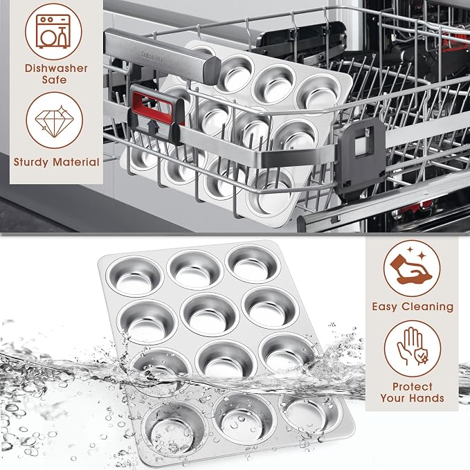 P&P CHEF 12-Cup Muffin Pan Tin, Stainless Steel Cupcake Pan, 1Pc | Muffin Tin for Oven Baking, Dishwasher Safe, Non-Toxic, Standard Size, Ideal for Homemade Muffin Cup Cake Tart Quiche