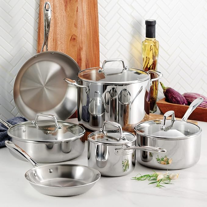 Tramontina Boston Tri-Ply Clad Stainless Steel 10-Pc Pots and Pans Set | Cookware Kitchen Set with Glass Lids, Induction-Ready, Dishwasher-Safe, NSF-Certified