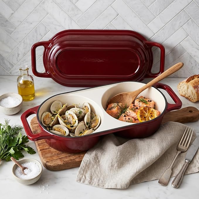 Double Dutch Oven Pot with Lid, 2.2QT Enameled Cast Iron Bread Loaf Pan, Mini Dutch Oven For Sourdough Bread Baking, 500°F Oven Safe Non Stick Dual Round Bread Pan, Bread Oven, 16.5cm Diameter, Red