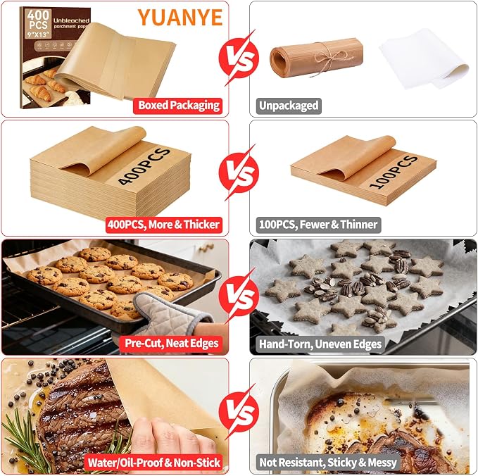 YUANYE 400PCS Parchment Paper Baking Sheets, 9"x13" Unbleached Precut Quarter Parchment Paper for Baking, Non-Stick Baking Paper for Grillin, Steaming Bread Cookies, Cakes, Oven, Air Fryer, Microwave