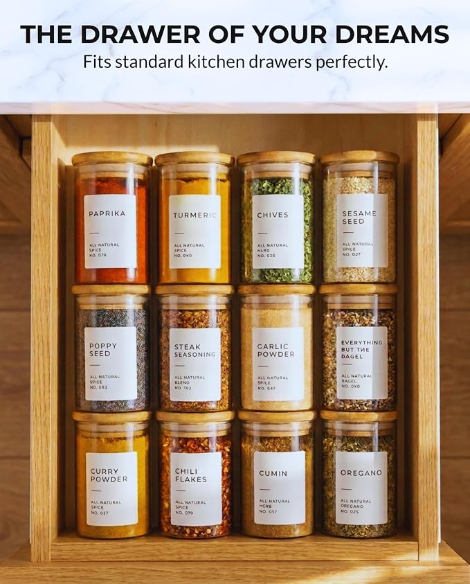 Glass Spice Jars with Label Pack (12x Bamboo Lid Glass Jar) Small 6oz Empty Spice Storage Bottles with 112 Printed Stickers and 48 Writable Pantry Labels for Seasoning Containers
