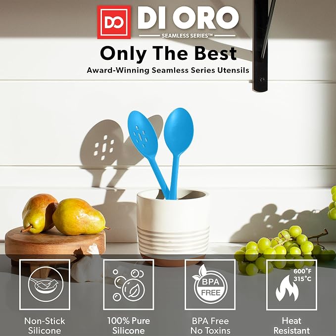 DI ORO Silicone Cooking Spoons - Solid & Slotted Set, 2-Pc Blue | Large heads for mixing, serving, and stirring; Heat-resistant to 600F for nonstick cookware; BPA-free and dishwasher safe
