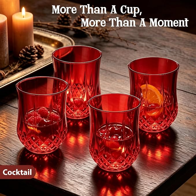 24 Pack 12 Oz Plastic Stemless Wine Glasses, Red | Unbreakable, Reusable, Elegant Vintage Design, Fancy Cocktail Cups, Whiskey, Champagne, Wedding, Party, Bars, Holiday Events