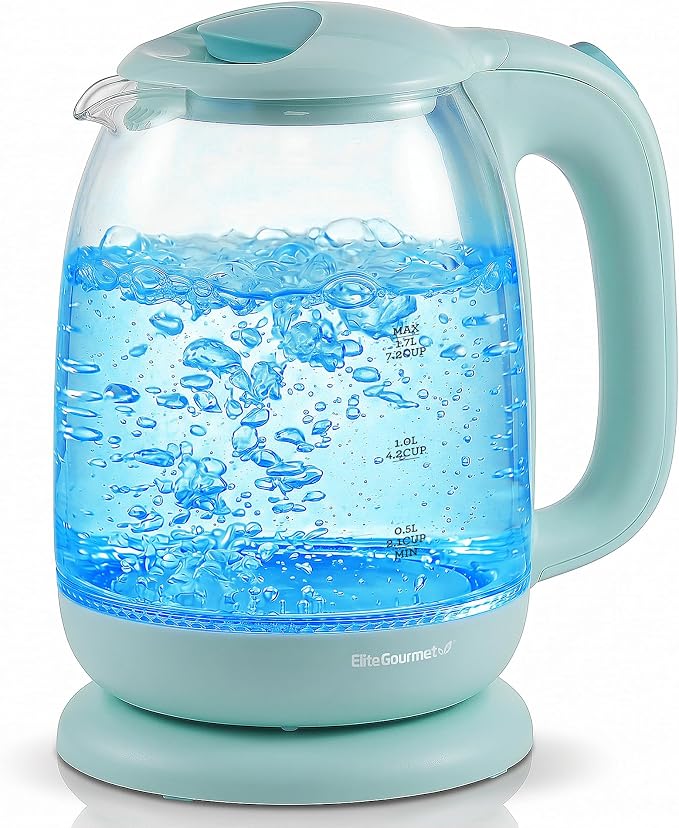 Elite Gourmet EKT1792M 1.7L Glass Kettle, Blue LED, Rapid Boil, 7.2 Cups | Auto Shut-Off, Boil-Dry Protection, 360° Cordless Base, Hot Water for Tea, Coffee & Oatmeal