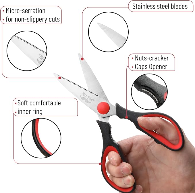 Mr. Pen- All Purpose Kitchen Shears with Protective Sheath, 8 Inch | Dishwasher Safe, Stainless Steel Food Scissors with Micro-Serrated Blades, Durable Utility Kitchen Shears, Black & Red