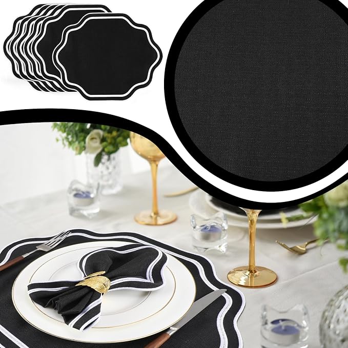 6 Pcs Black Wedding Placemats Scalloped Embroidered Cotton Linen Placemats 17" x 13" Double Layered Machine Washable Table Place Mat for Party Table Decor (White,Cotton)