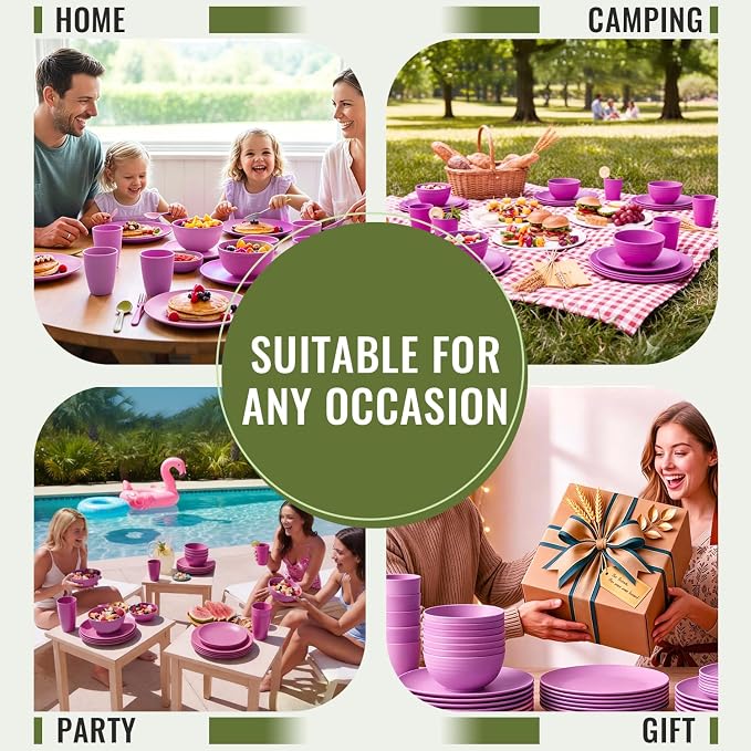 Wheat Straw Dinnerware Set 40 PCS | Service for 8 | Unbreakable Plates and Bowls Sets Plastic Reusable Dishes Sets Dinner Plates, Cereal Bowls, Water Cups Kitchen Set for Home RV- Pink