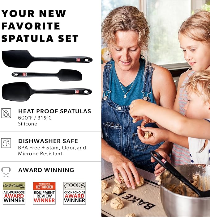 DI ORO Silicone Spatula Set - 600F Heat Resistant, 3-Pc Black | Rubber scraper won't scratch nonstick pans; For baking, cooking, mixing, and frosting; BPA-free and dishwasher safe