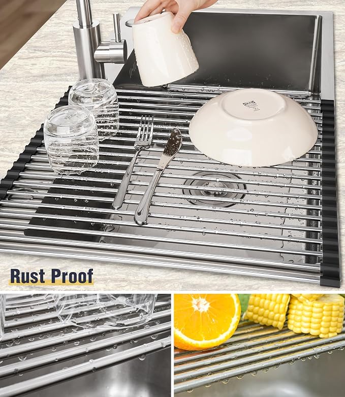 Tomorotec Roll Up Dish Drying Rack Over Sink, 304 Steel, 17.7x15.5, Black | Anti-Slip Silicone Rims For Grip, Heat-Resistant Trivet Mat Holding Heavy Cookware, Rustproof Kitchen Counter Space Saver
