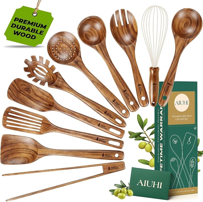 10Pcs Wooden Kitchen Utensils, Teak Wood Utensil Set for Kitchen, Heat-resistant Wooden Spoons for Cooking, Nonstick Wood Spatula Soup Ladle Tong Egg Whisk