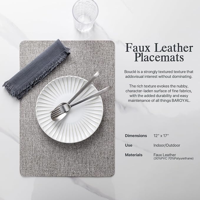 Baroyal Faux Leather Placemats Set of 6 Vinyl Washable Wipeable Table Mats for Kitchen Dining Table Heat Resistant Waterproof Modern Indoor/Outdoor Placemats Non-Slip Easy Clean Place Mats (Mid Gray)