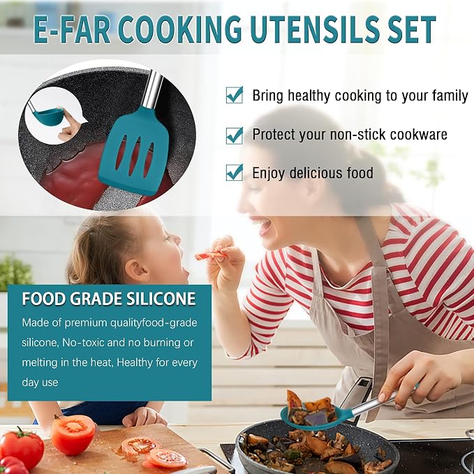 E-far Kitchen Utensils Set, 14-Piece Blue Silicone Cooking Utensils Set | Heat Resistant, Kitchen Tools Spatulas with Stainless Steel Handle, Non-stick Cookware with Holder, Dishwasher safe