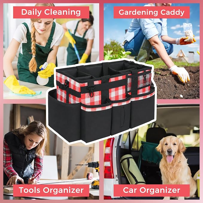 SCAVATA Wearable Cleaning Caddy, Cleaning Caddy Supplies Organizer with Handle & Shoulder Straps for Housekeepers, Under Sink & Car Cleaning Tool Organizers Bag with 4 Foldable Divider (RedPlaid)